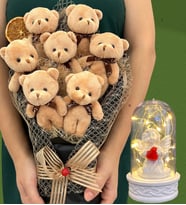 Büyük Boy 7'li Tasarım Peluş Ayıcık Buketi ve Led Işıklı Beyaz Melekli Fanus (Model 2)