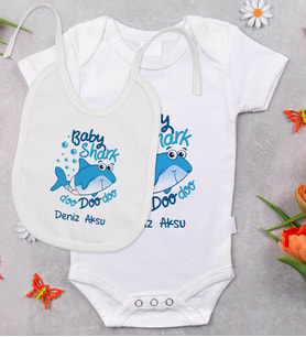 BK Kids Kişiye Özel Baby Shark Tasarımlı Bebek Body Zıbın ve Mama Önlüğü Hediye Seti - Model 1