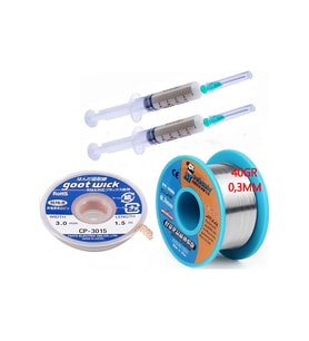 Dörtlü Set Flux,lehim Emme Tel 3,0mm Ve Lehim Teli Soldering 63sn/37pb Flux %1-3 40gr 03mm