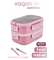 1650 ML İki Kat Üç Bölme Paslanmaz Çelik Lunch Box Yeni Nesil Sefer Tası - Kaşık Ve Çatallı -6715 (Pembe)