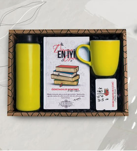 Kişiye Özel Öğretmenler Günü Hediye Seti & Renkli Kupa Bardak, Cam Suluk, Defter, Magnet