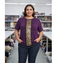 Büyük Beden Orta Leopar Şerit Mürdüm Bluz