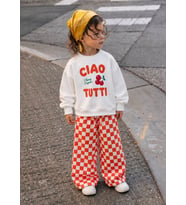 Kiraz Baskılı Ciao Tutti Sweatshirt ve Ekose Desenli Turuncu Eşofman Kız Çocuk 3İp Alt Üst Takım