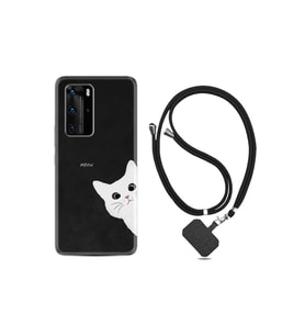 Huawei P40 Pro Kılıf Resimli Desenli Silikon Boyun Askılı Çılgın Kedi 1895