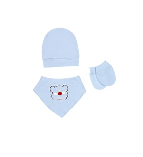 Yenidoğan Bebek Şapka Eldiven Fular önlük 3 Lü Set (Mavi)