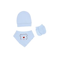 Yenidoğan Bebek Şapka Eldiven Fular önlük 3 Lü Set (Mavi)