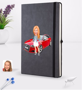 BK Gift Kişiye Özel Plakalı Kadın Audi A3 Karikatürlü Siyah Termo Deri Defter 16x24cm Model 1