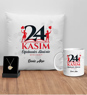 BK Gift Kişiye Özel Öğretmenler Günü Tasarımlı Beyaz Kupa Yastık ve İsimli Papatya Kolye Hediye Seti- 11, Öğretmene Hediye, Öğretmenler Günü