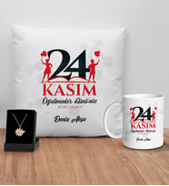 BK Gift Kişiye Özel Öğretmenler Günü Tasarımlı Beyaz Kupa Yastık ve İsimli Papatya Kolye Hediye Seti- 11, Öğretmene Hediye, Öğretmenler Günü