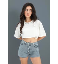 Crop Bisiklet Yaka İnci Detaylı - Beyaz