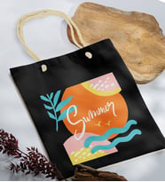 BK Gift Yaz Temalı Siyah Halat Saplı Kumaş Plaj Çantası -15, Baskılı Omuz Çantası, Alışveriş Çantası, Arkadaşa Hediye, Sevgiliye Hediye