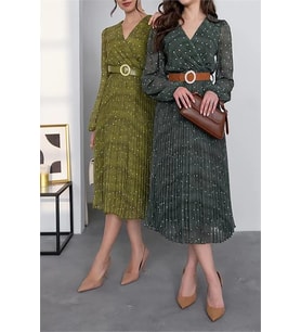Neşeli butik kadın kemerli puantiye desenli şifon elbise NBMY3286 (Yeşil)