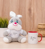 Kişiye Özel El Yazısı Tasarımlı İsimli Peluş Tavşan ve Kırmızı Kupa