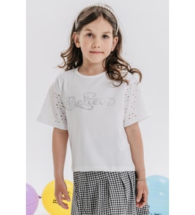 Breeze Kız Çocuk Tişört Kolları Güpürlü Nakışlı Taşlı Yazı Baskılı 9-14 Yaş, Ekru