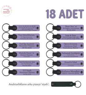Okul Faaliyet Katılımcılarına Hediye 18'li Set, Öğrenci İsim Yazılı Anahtarlık , Mor Menekşe & Siyah (Lila - Mor)