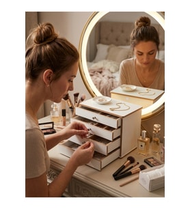Şık ve Çok Amaçlı Ahşap Çekmeceli Makyaj Organizer, Beyaz, Premium Tasarım