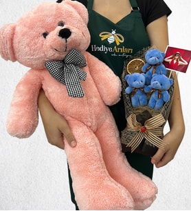 Büyük Boy Pembe Peluş Ayıcık ve Kişiye Özel Fotoğraflı 3'lü Peluş Ayıcık Buketi (Model 4)