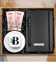 Kişiye Özel Harf Fincan & Roller Kalem & Siyah Defter & 2'li Mehmet Efendi Kahve Hediye Seti (Model 1)