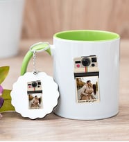 Kişye Özel Polaroid Tasarım Fotoğraflı Yeşil Kupa Bardak ve Anahtarlık