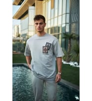 Unisex Bisiklet Yaka Baskılı Oversize T-Shirt - Boyalı Gri