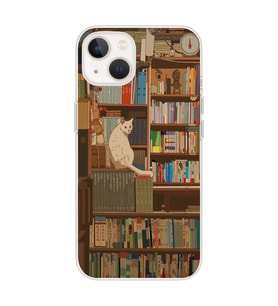 Iphone 14 Plus Uyumlu Kedi ve Kütüphane Tasarımlı Şeffaf Telefon Kılıfı