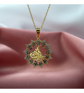 Beyaz Taşlı Yıldızlı Osmanlı Tuğralı Gümüş Kolye