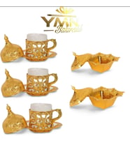 3 Kişilik Gold Fincan Takımı Sarmaşık Model & 2 Adet Gold Şekerlik , Hediye Kutusu