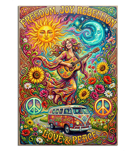 Hippie Love Peace Güneş Karavan Dekoratif Kanvas - Mdf Ahşap Tablo