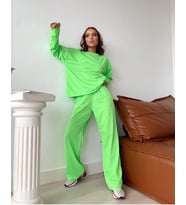 Kadın Geniş Yaka Beli Lastikli Cepli Önü Dikişli Iki Iplik Alt Üst Takım (Neon Sarı)