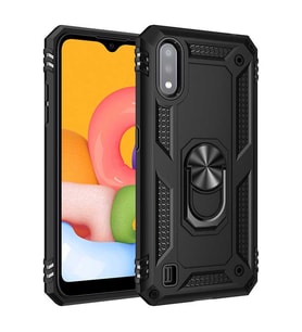 Samsung Galaxy A01 Kılıf Metal For Car Yüzüklü Standlı Military Ring Serisi (Siyah)