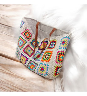 El Yapımı Renkli Granny Square Yazlık Plaj Çantası Astarlı Büyük Boy Boho Kadın Tote Çanta