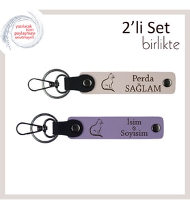Evdeki Minik Lider İçin, Kedili Desen, İsme Özel Yazılı Anahtarlık, Pudra-Mor Menekşe