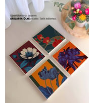 Modern Çiçek Desenli Doğal Taş Bardak Altlığı Seti  (4’lü Set)