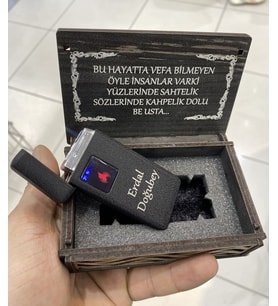 USB Şarjlı Rüzgar Çakmağı - Kişiye Özel Ahşap Kutu ile Birlikte