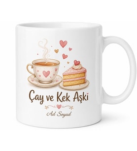 Çay ve Kek Aşkı Yazılı Baskılı Kupa Bardak Hediye Porselen Mug