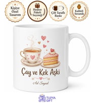 Çay ve Kek Aşkı Yazılı Baskılı Kupa Bardak Hediye Porselen Mug