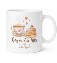 Çay ve Kek Aşkı Yazılı Baskılı Kupa Bardak Hediye Porselen Mug