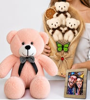 Kişiye Özel Fotoğraflı Krem Büyük Boy Peluş Ayıcık Buketi ve 50 cm Pembe Peluş Ayıcık Hediye Seti