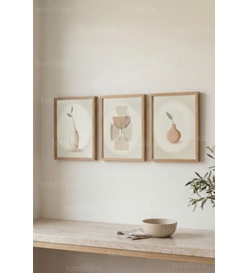 Soft Minimal Vazo 3’lü Ahşap Çerçeveli Tablo Seti - Doğal Modern Duvar Dekoru