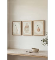 Soft Minimal Vazo 3’lü Ahşap Çerçeveli Tablo Seti - Doğal Modern Duvar Dekoru