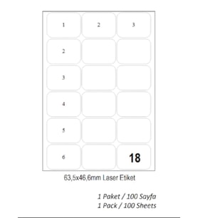 A1 Etiket Lazer Etiket tw-2018 100 A4 Sayfa Laser Etiket 63.5 x 46.6 mm Boyutunda 1 A4 Sayfada 18 Etiket