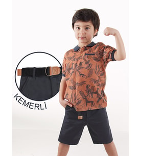Erkek Çocuk 3'li Takım Polo Yaka T-shirt Şort Kemer Takım (Kiremit)