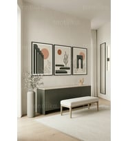 Modern Soyut Mimari ve Botanik Desenler 3’lü Ahşap Çerçeveli Tablo Seti