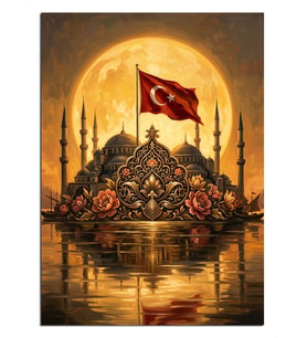 Türk Bayraklı Cami Ve Dolunay Manzarası Dekoratif Kanvas - Mdf Ahşap Tablo