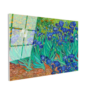 Tamperli Gerçek Cam Tablo Vincent van Gogh İris Çiçekleri Bahçe Mavi Ressam Tablosu Duvar Dekoru