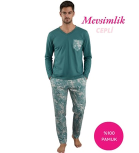 Seamlife Erkek Desenli Düğmesiz V Yaka  %100 Pamuk Mevsimlik Uzun Kol Cepli Pijama Takımı (Yeşil)