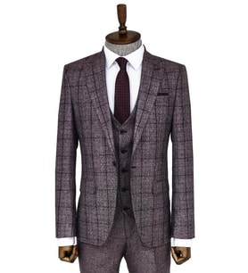 Slim Fit Ekose Bordo Erkek Takım Elbise - Wessi