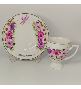 Pembe Daisies Ve Yusufcuk Desenli, İsme Özel, El Boyama, Türk Kahvesi Fincanı