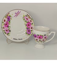 Pembe Daisies Ve Yusufcuk Desenli, İsme Özel, El Boyama, Türk Kahvesi Fincanı
