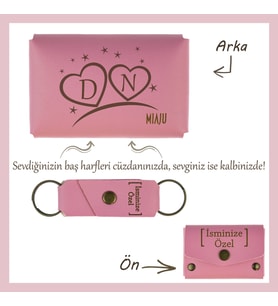 Pembe Renk, Sevgilinize Özel Kalp Motifli, Baş Harfli İsme Özel Cüzdan ve Anahtarlık Seti, Romantik